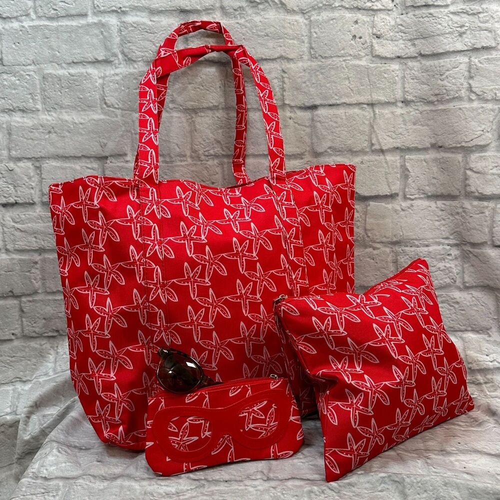 Lot Of 3 Starfish Tote Set Summer Beach Bags Purse Insulated Eyeglass Zip-Up
